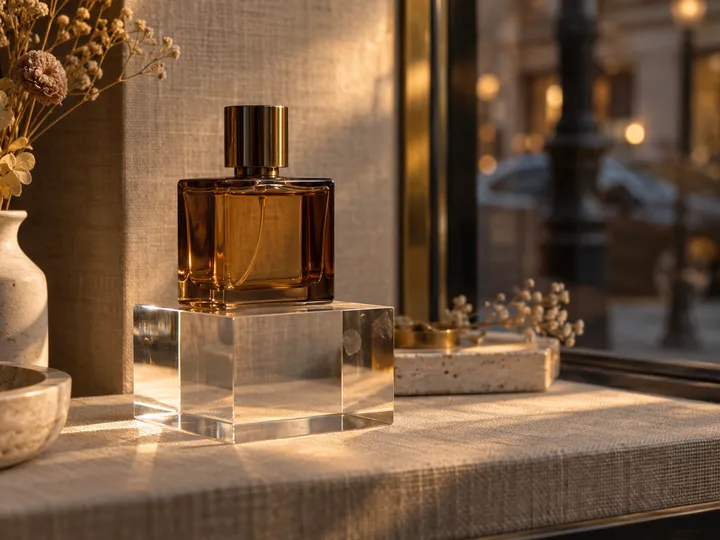 Single solid clear acrylic display block holding an amber perfume bottle in a boutique window