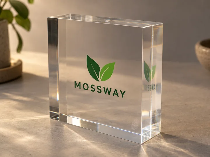 Thick clear acrylic block with a printed MOSSWAY leaf logo sealed between two layers inside the block