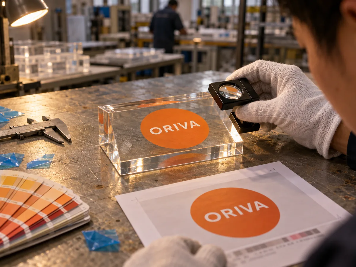 Inspector with a loupe checking a printed ORIVA acrylic logo block against a color swatch fan and a printed proof