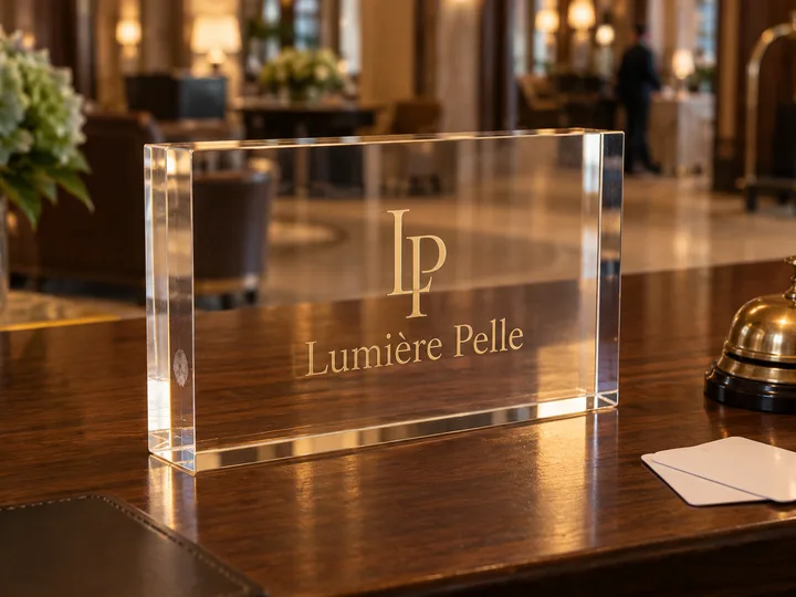 Large clear acrylic logo block with a gold Lumière Pelle monogram on a hotel reception desk