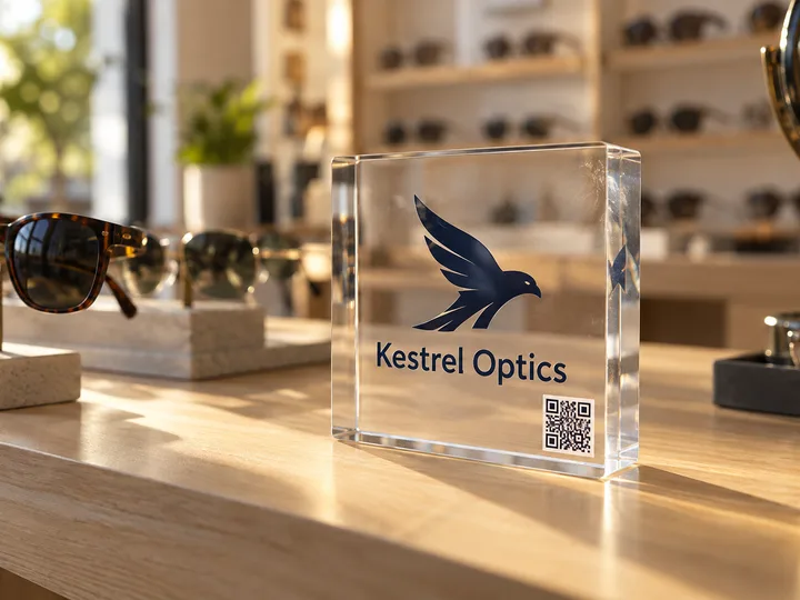 Clear acrylic logo block printed with a navy Kestrel Optics logo and a small QR code on an optical store counter