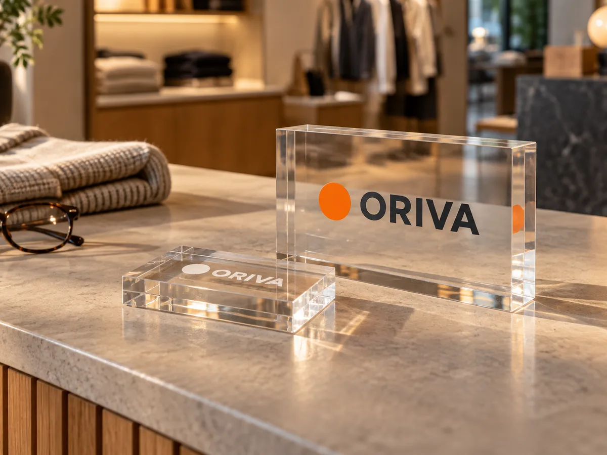 Two clear acrylic logo blocks on a retail counter: a large block with a reverse-printed orange ORIVA logo and a small block with the same logo laser-engraved