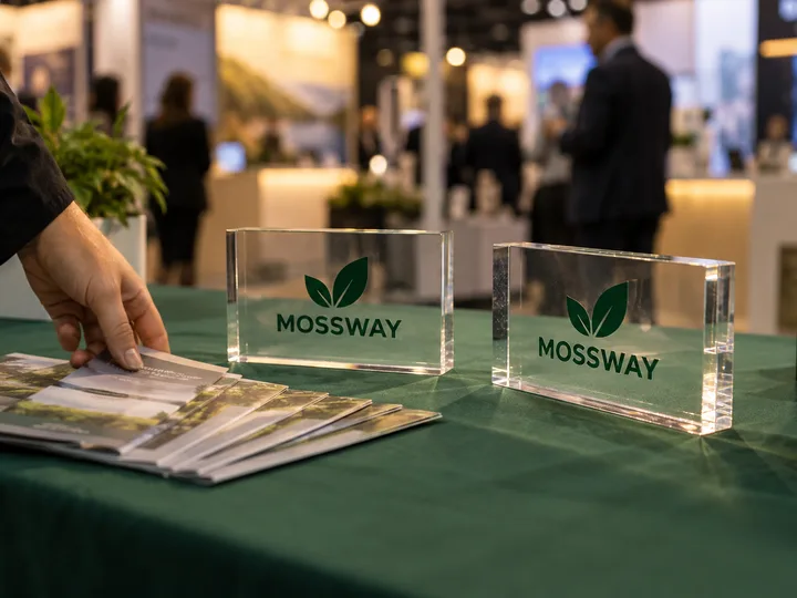 Two clear acrylic logo blocks printed with a green MOSSWAY leaf logo on a trade-show booth table