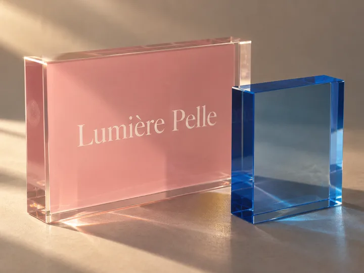 Clear acrylic logo block with a blush-pink printed back and white Lumière Pelle logo beside a tinted blue acrylic block