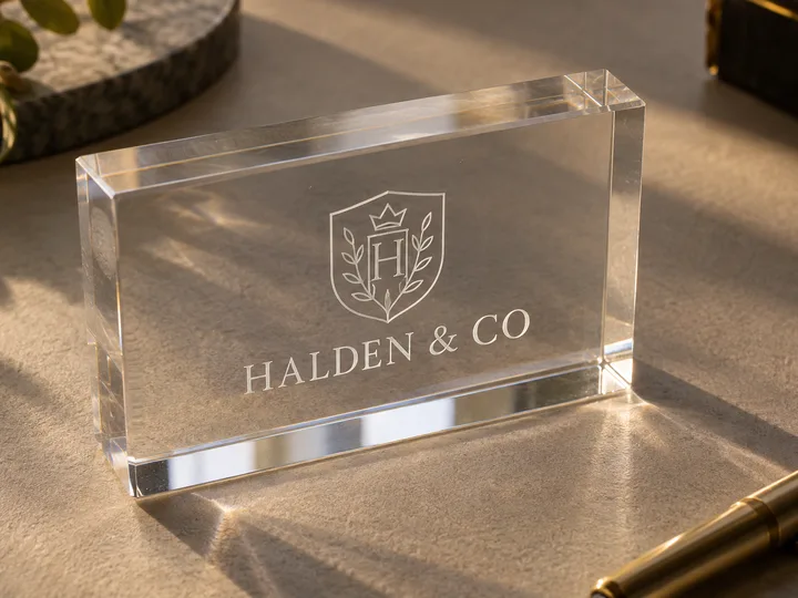 Clear acrylic block with a HALDEN & CO crest laser-engraved as a frosted white mark