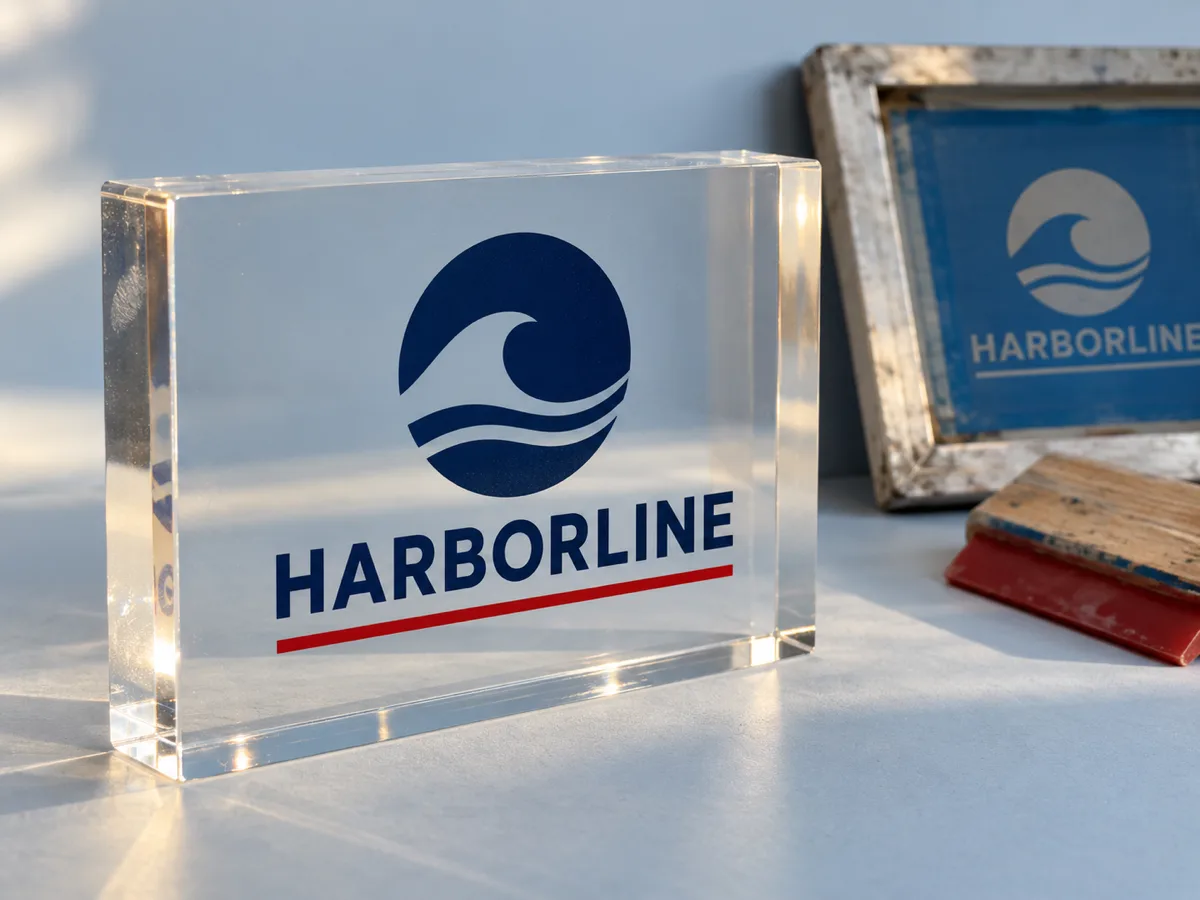 Clear acrylic logo block silk-screen printed with a navy and red HARBORLINE logo in two flat spot colors, with a print screen and squeegee behind it