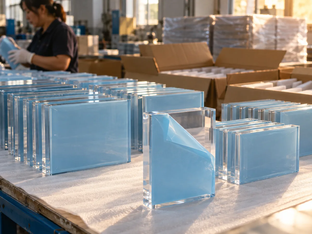 Rows of blank clear acrylic photo block blanks with blue protective film on a factory packing table, open export cartons and a worker behind