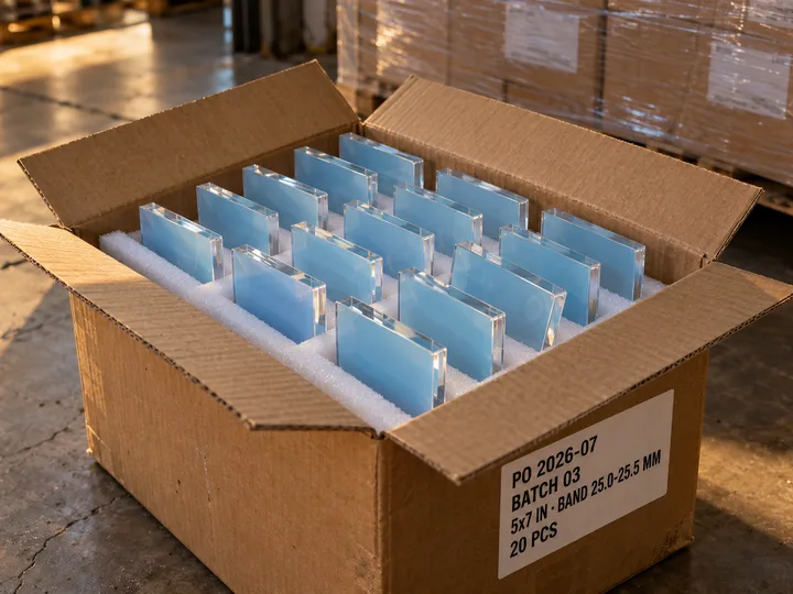Open master carton of 20 blank 5x7 in acrylic photo blocks in foam slots with a label showing PO, batch and thickness band