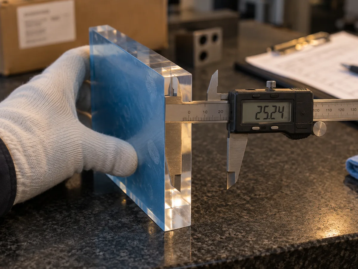 Digital caliper reading 25.24 mm on the thickness of a blank clear acrylic photo block during inspection