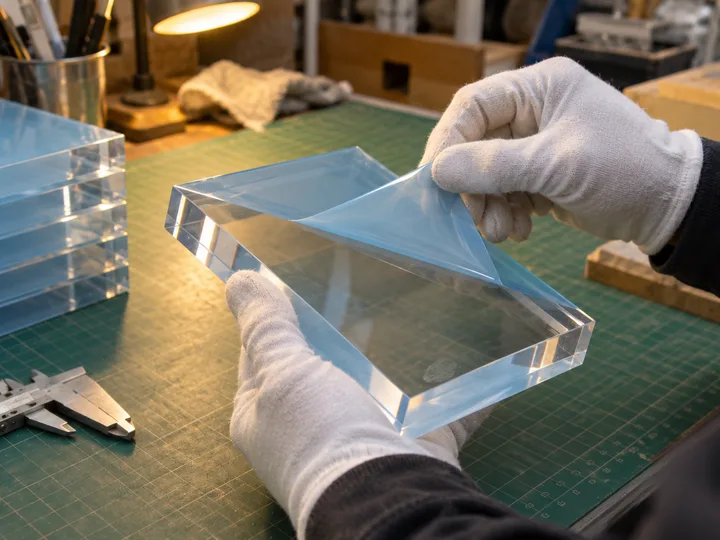 Gloved hands peeling the blue protective film from a blank clear acrylic photo block on a cutting mat