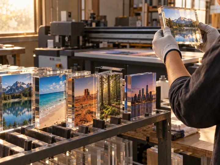 Reverse-printed acrylic photo blocks with landscape photos on a factory rack beside a UV flatbed printer