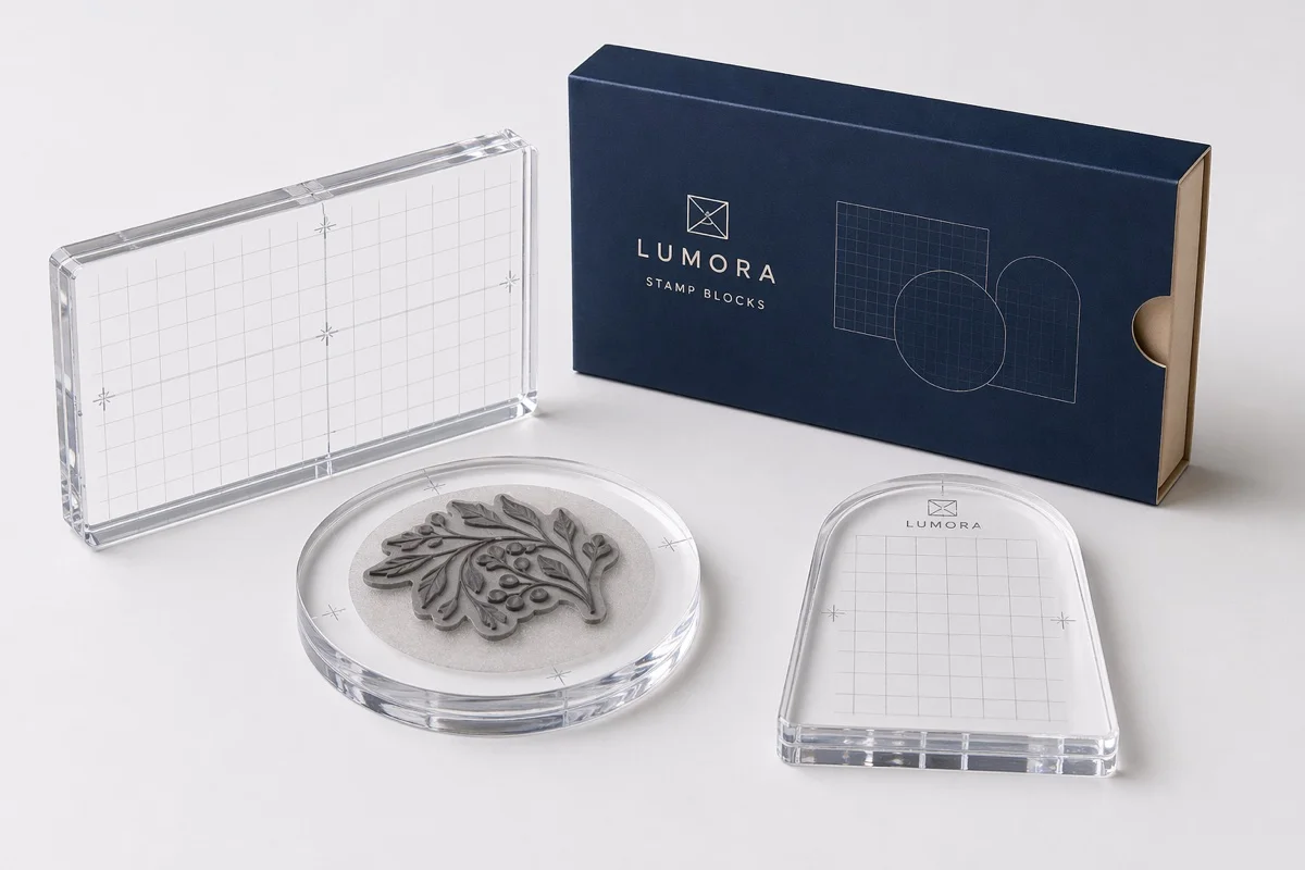 Custom acrylic stamp blocks with rectangular, round, and arch profiles beside branded packaging