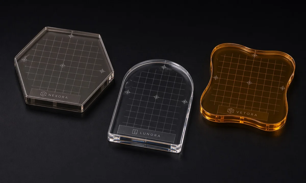 Custom-shape acrylic stamp block samples with laser branding