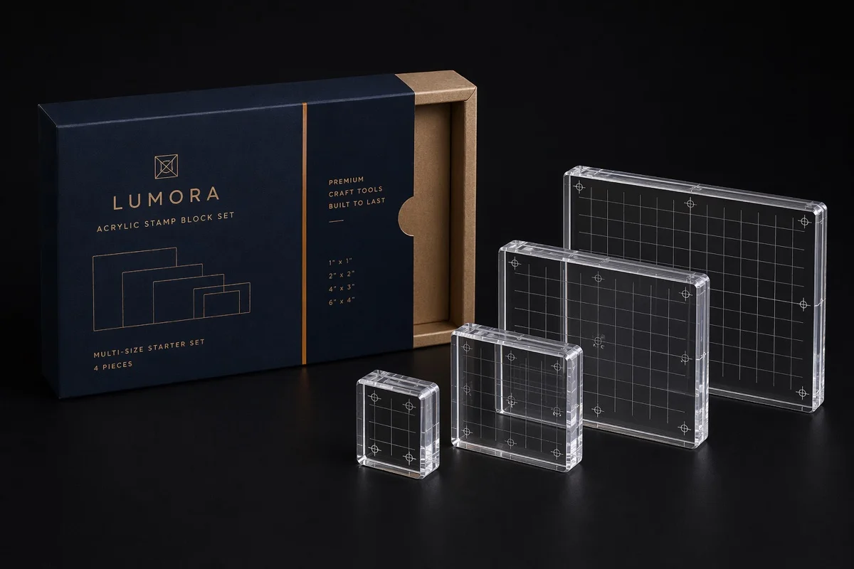 Multi-size acrylic stamp block retail kit on dark background