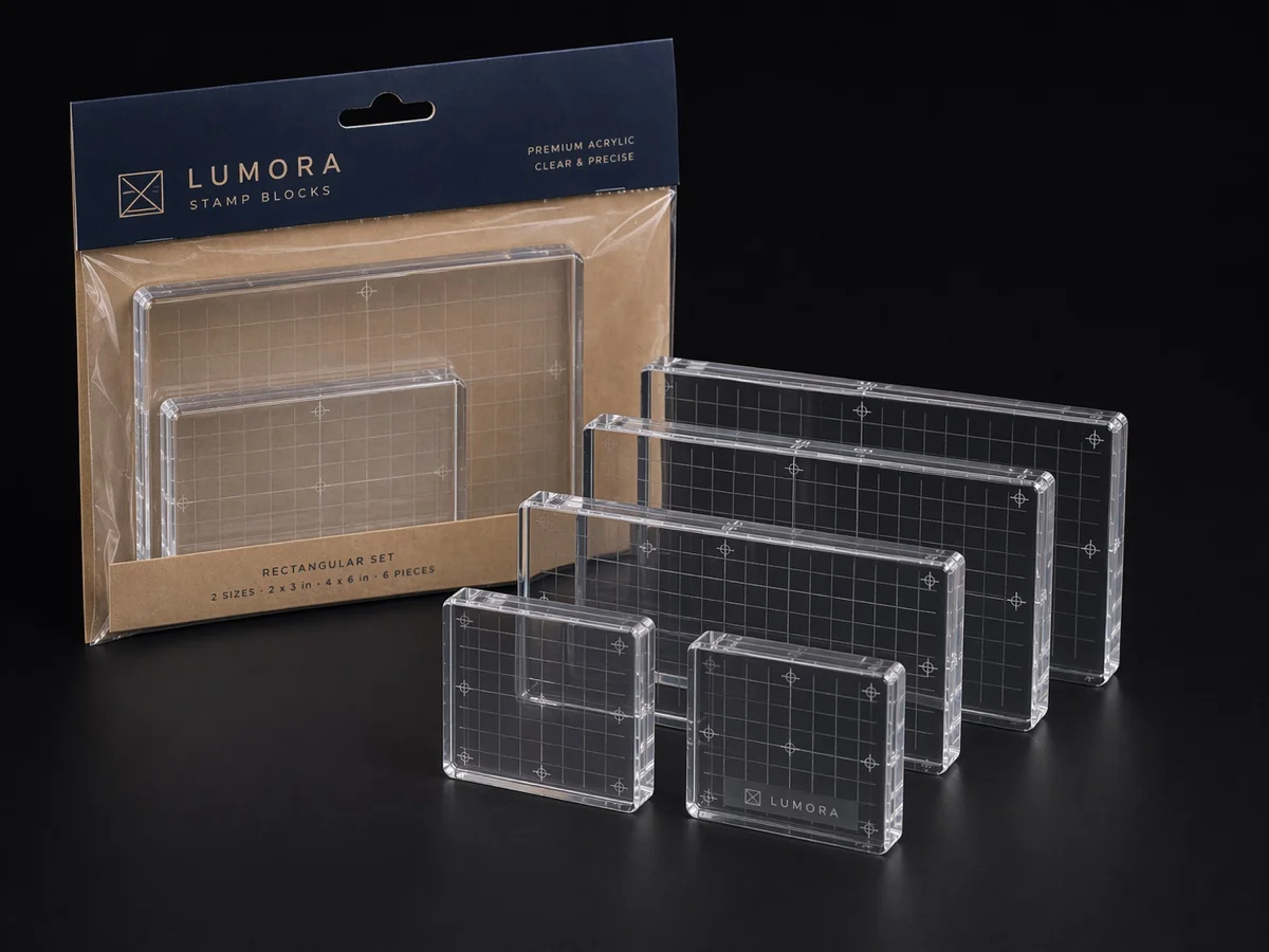 Wholesale rectangular acrylic stamp block sets with retail packaging