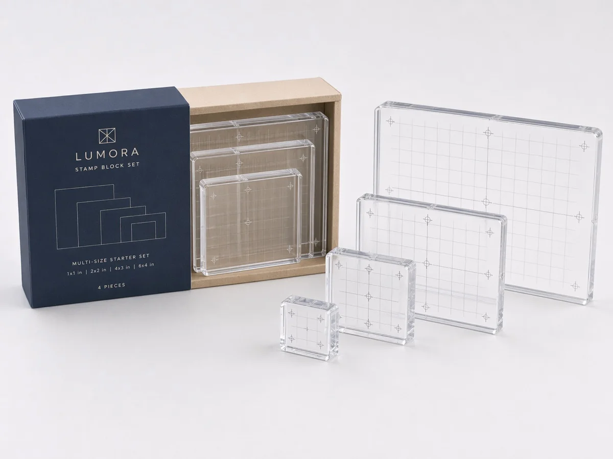 Multi-size acrylic stamp block starter set with branded sleeve