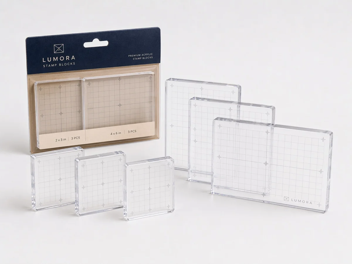 Rectangular clear acrylic stamp blocks in retail packaging
