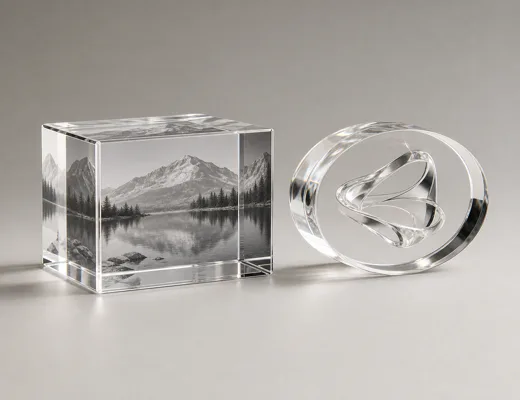 Clear acrylic photo cube and laminated-logo acrylic paperweight on a studio surface