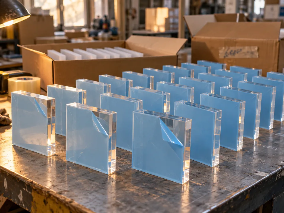 Reihen klarer Acryl-Fotoblock-Rohlinge mit blauer Schutzfolie auf einem Verpackungstisch in der Fabrik