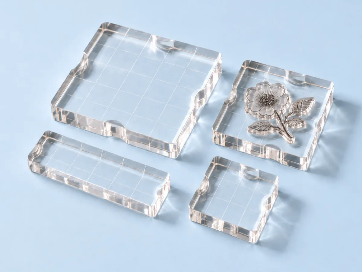 Acrylic stamp blocks in four sizes with etched grid lines and finger grips, one holding a clear floral stamp