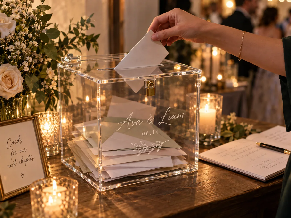 Guest dropping an envelope into a locking acrylic wedding card box engraved with names and a date