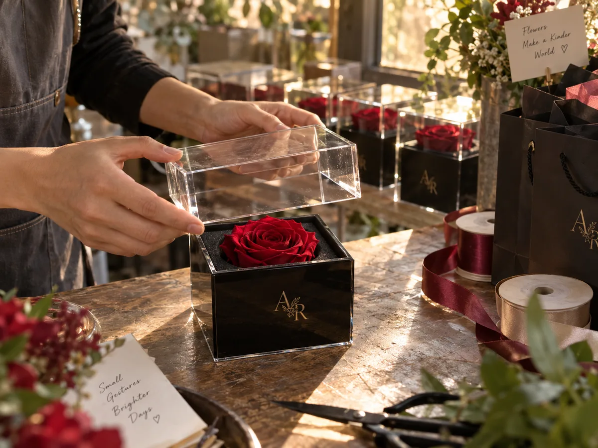 Florist closing a preserved rose gift box with a black acrylic base and clear lid