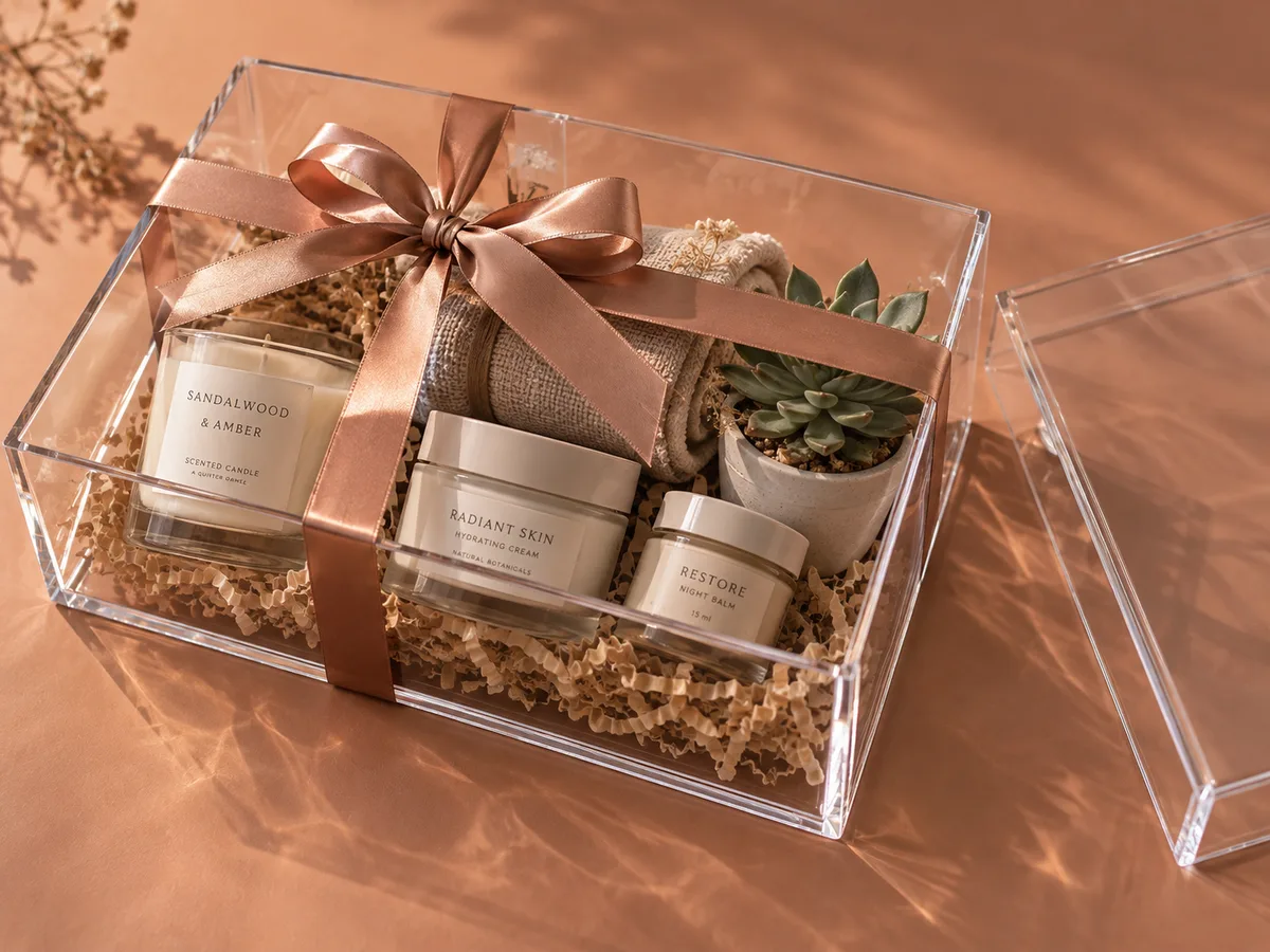 Large clear acrylic hamper gift box with a candle, skincare jars and a towel tied with satin ribbon