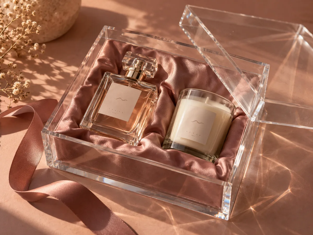 Clear acrylic gift box with a lift-off lid holding a fragrance bottle and a candle on a satin insert