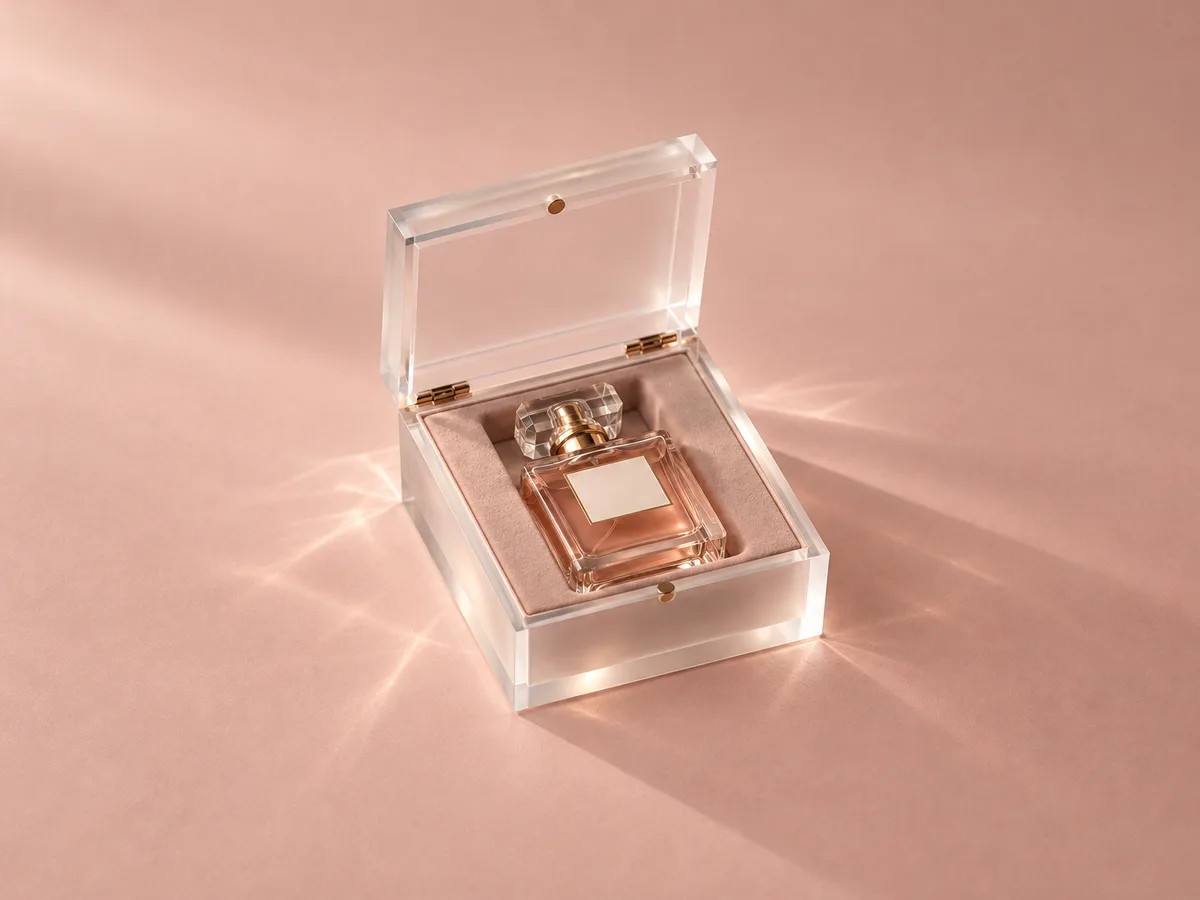 Small acrylic gift box with a hinged lid holding a perfume bottle