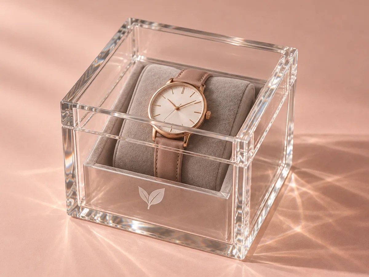 Clear acrylic watch box with a laser-engraved leaf logo
