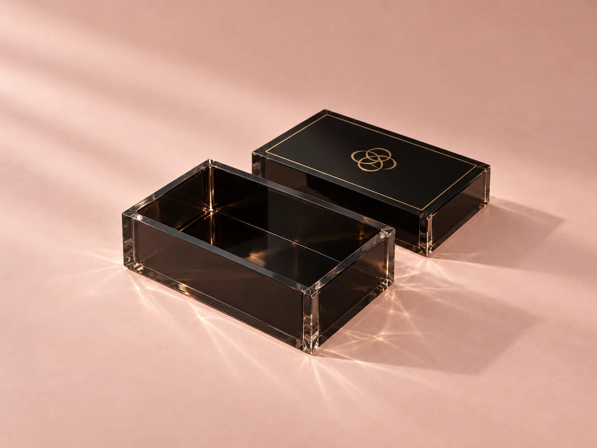 Black acrylic box with a metallic gold logo on the lid
