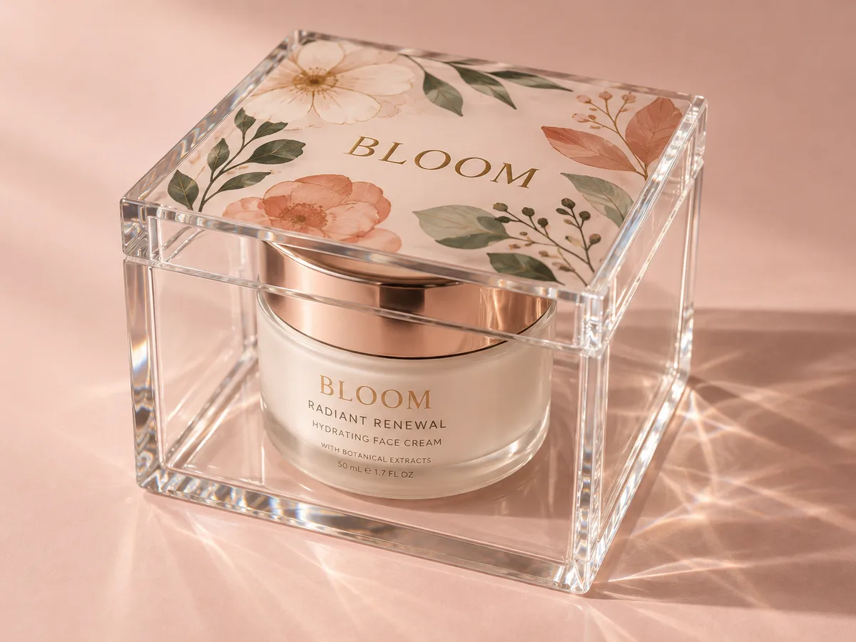 Clear acrylic box with a full-color UV-printed botanical lid