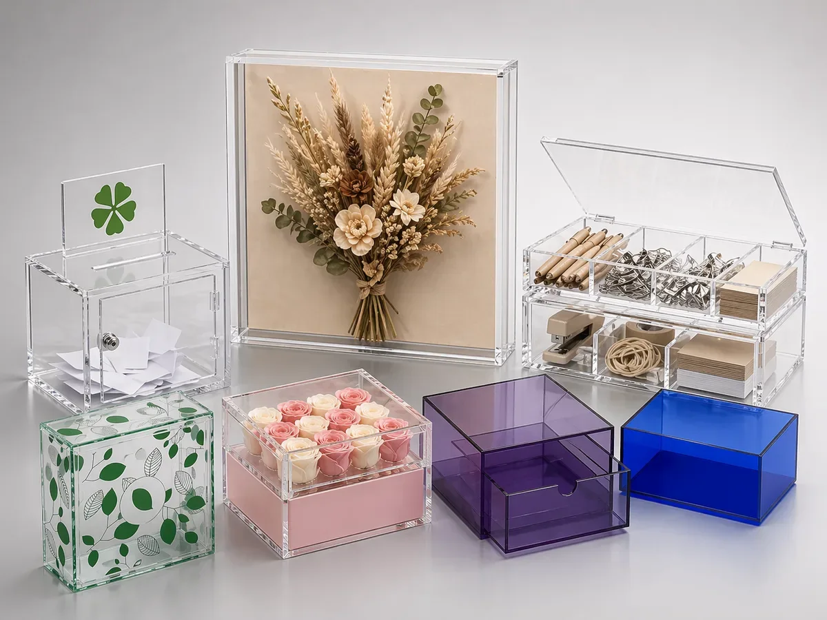 Collection of custom acrylic boxes — gift box, shadow box, shoe box, and storage box