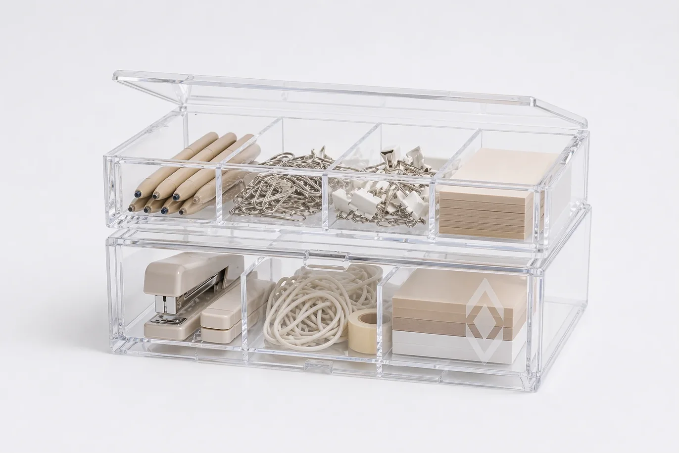 Stackable acrylic storage boxes with divider compartments