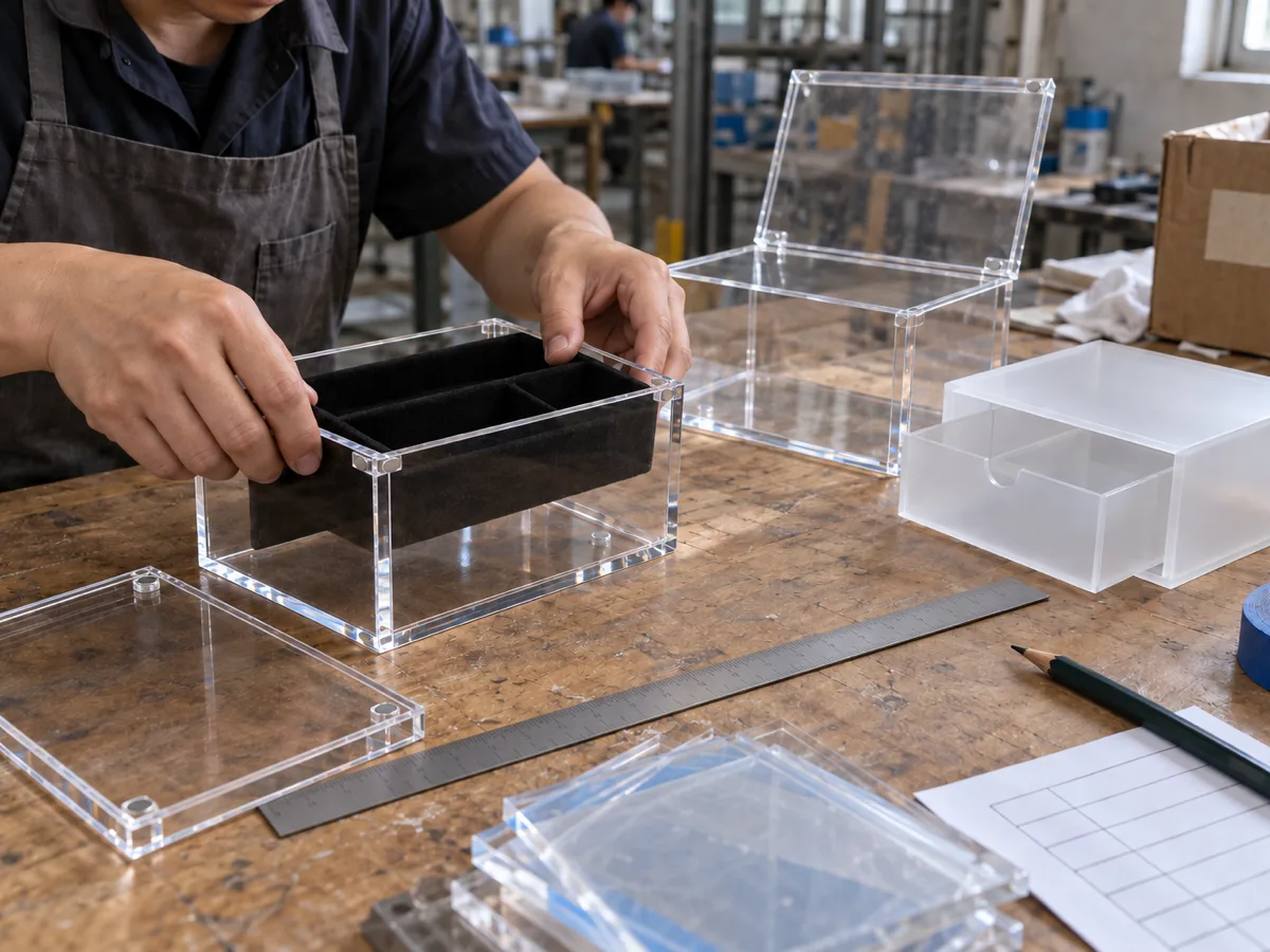 Hands fitting a velvet insert into a clear acrylic magnetic-lid box, with hinged and frosted sliding-drawer boxes beside it