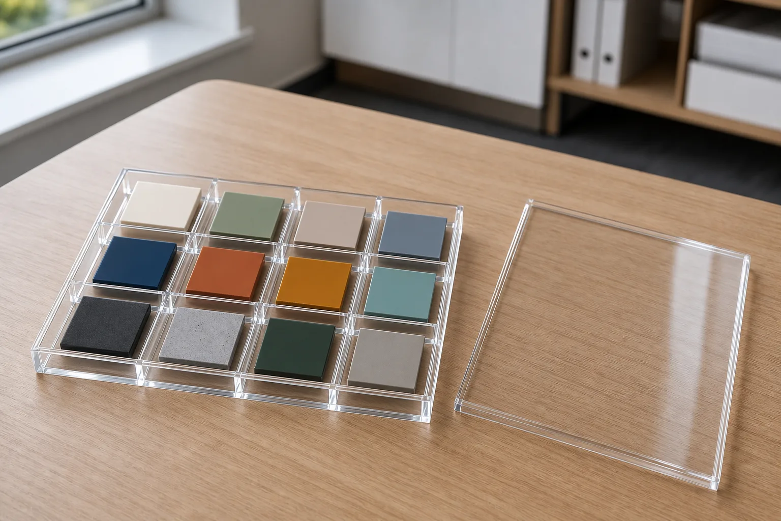 Acrylic sample display box with fitted compartments — a shallow presentation case holding product swatches, opened on a desk