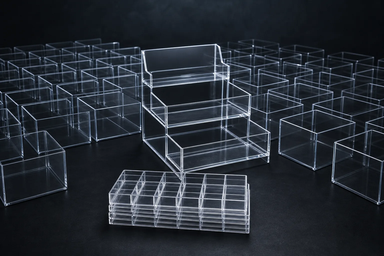 A display box program in clear cast acrylic — countertop open boxes, a tiered multi-layer unit, and sample presentation boxes staged together before packing