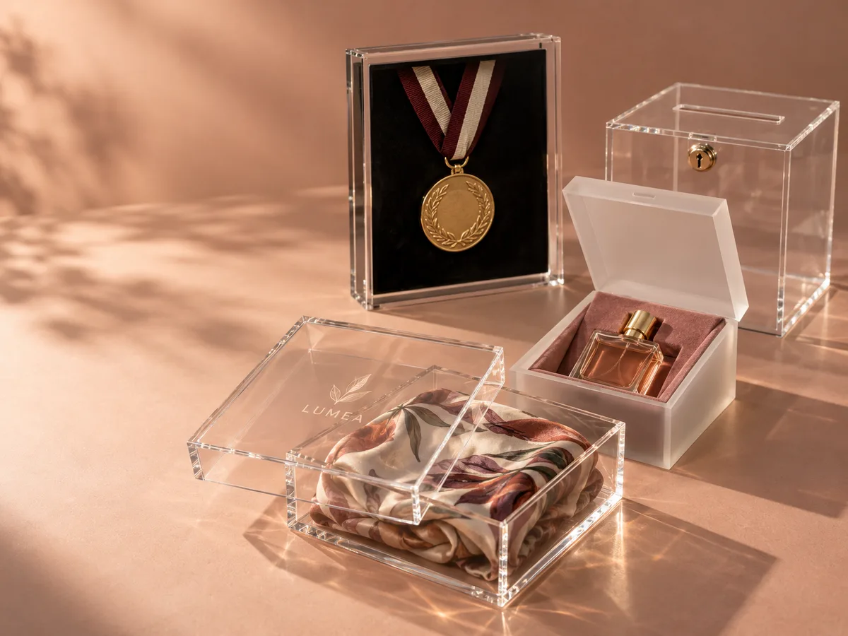 Scatole in acrilico su misura: una scatola trasparente con coperchio con logo stampato, una cornice a scatola (shadow box) per medaglie, una scatola regalo satinata con inserto in velluto e un'urna per votazioni con serratura