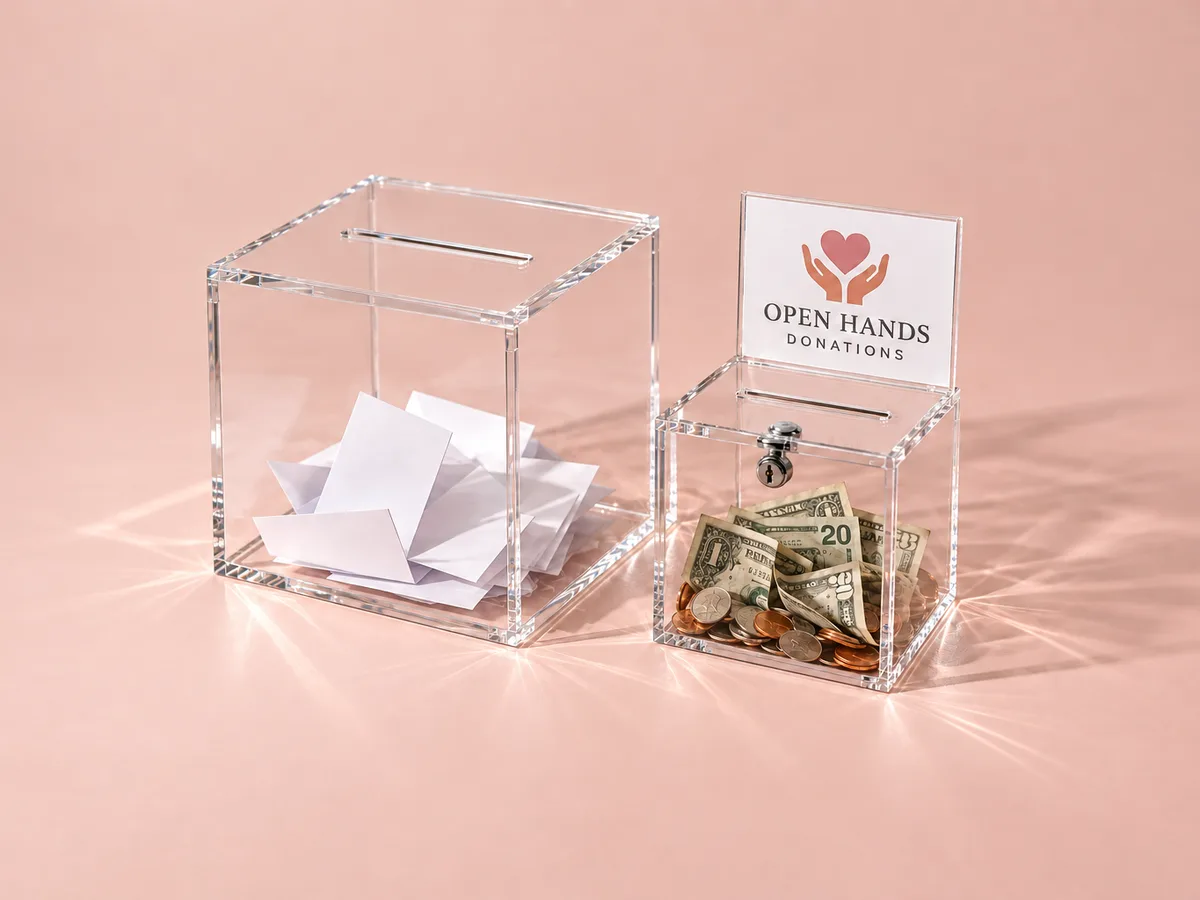 Acrylic ballot and donation boxes: a slot-top ballot box with folded ballots and a locking donation box with a header card