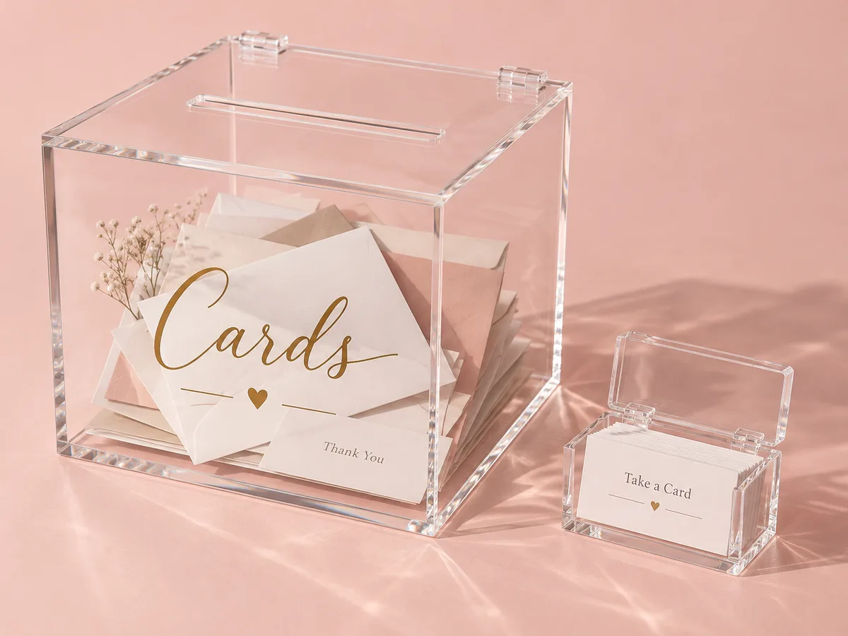 Acrylic card boxes: a clear wedding card box with a hinged lid and slot, and a small hinged business-card box