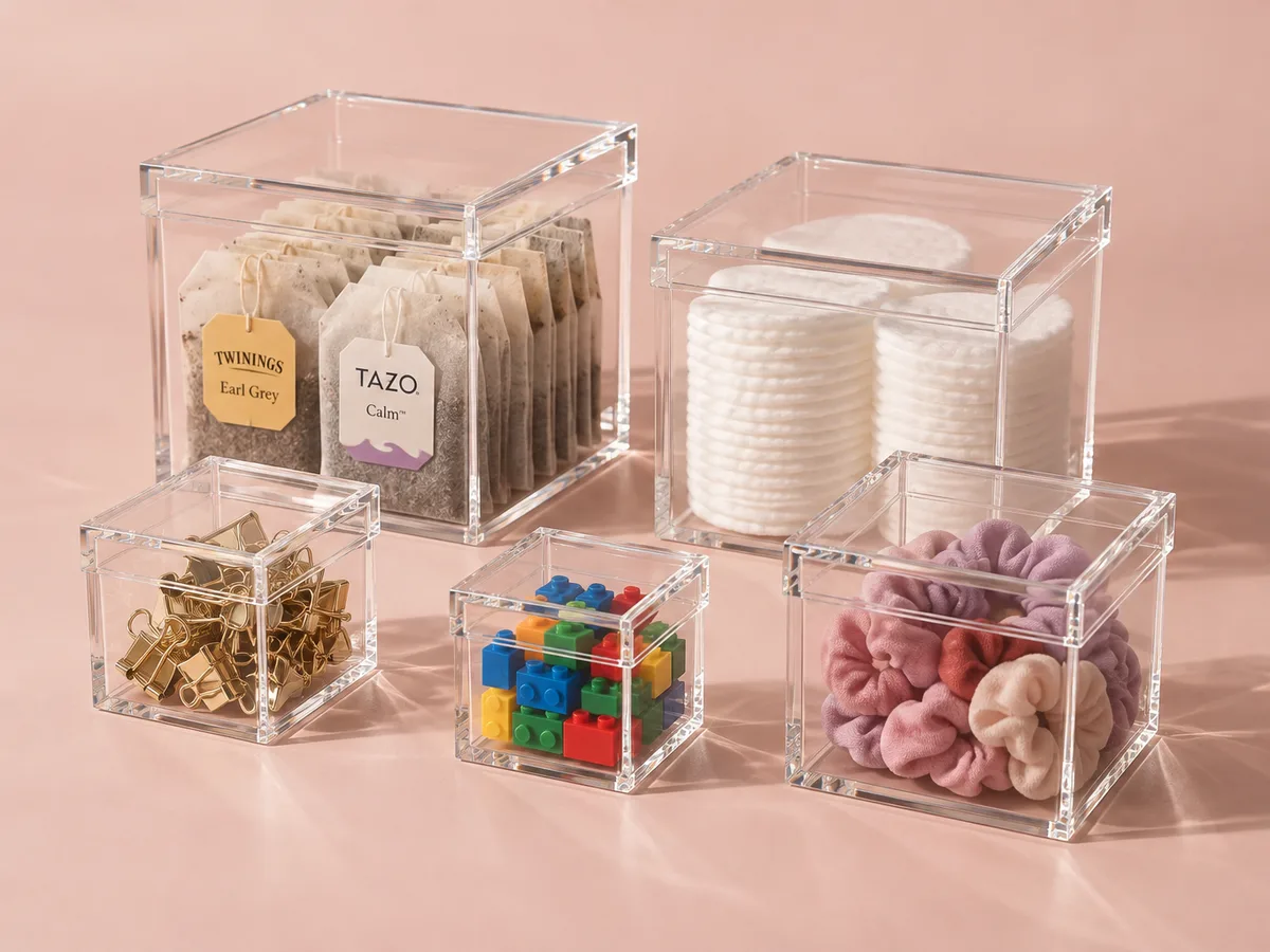 Clear acrylic boxes with lift-off lids in five sizes, holding tea bags, cotton pads, binder clips, toy bricks and hair ties