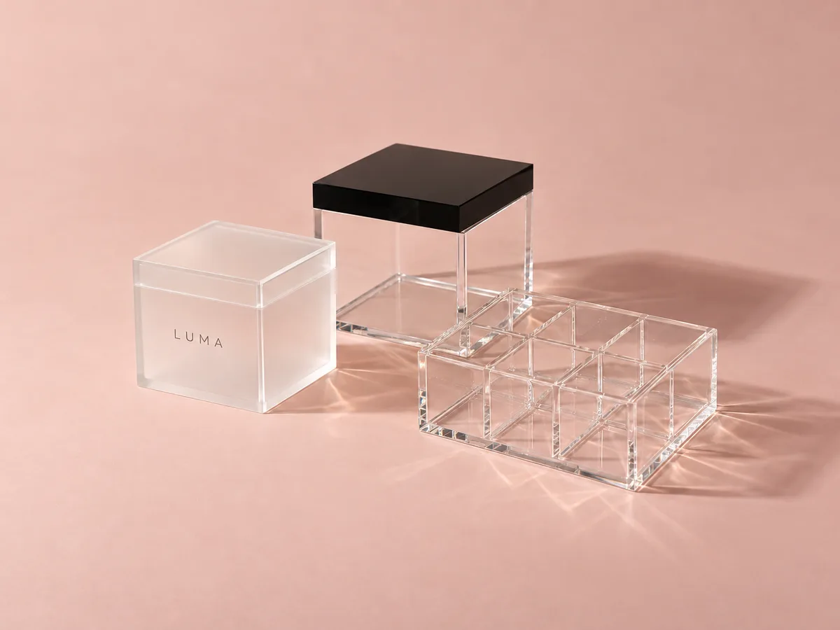 Custom acrylic boxes: a frosted box with a printed logo, a clear box with a black lid, and a compartmented box