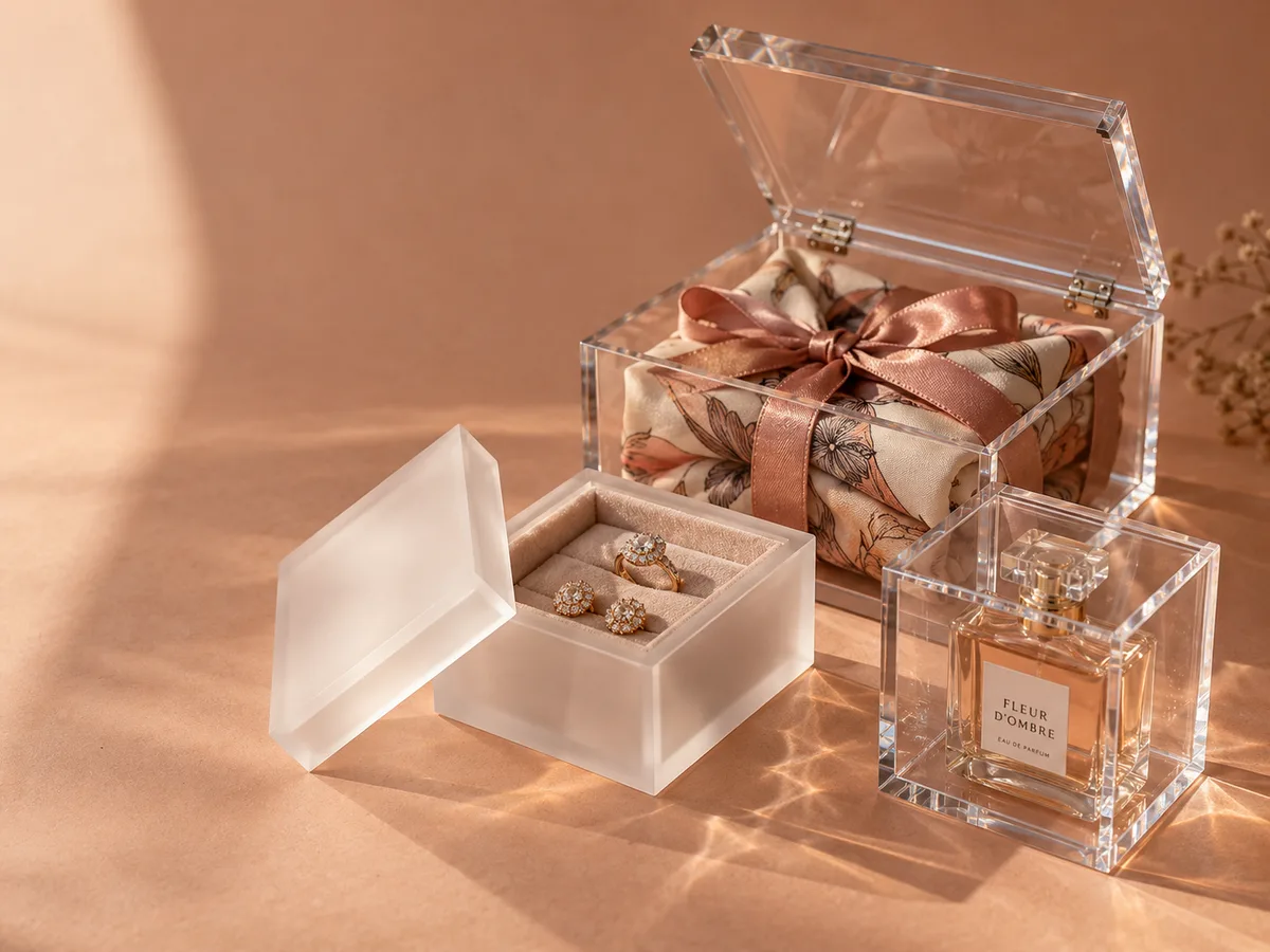 Acrylic gift boxes with lids holding a silk scarf tied with ribbon, a ring and earrings on velvet, and a perfume bottle