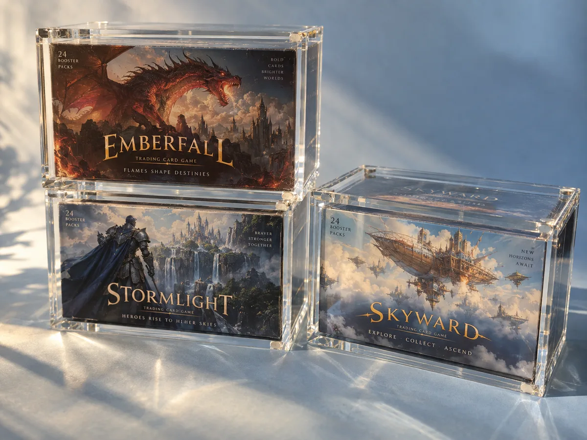 Three clear magnetic-lid acrylic booster box cases, two stacked, each holding a sealed booster display box