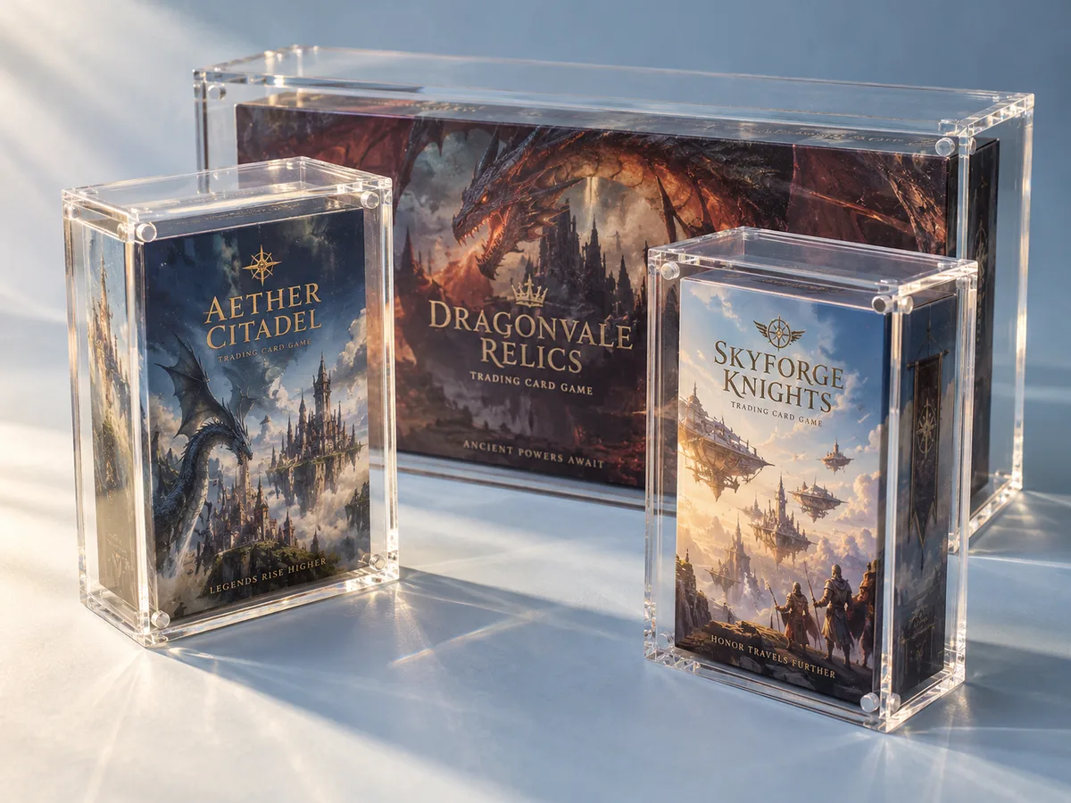 A wide acrylic case for a premium collector box behind two magnetic-lid ETB cases