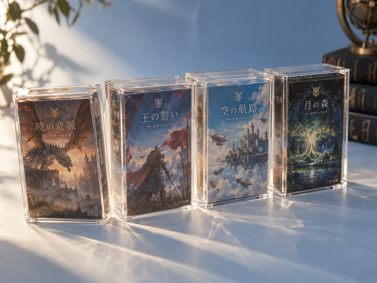 A row of slim acrylic cases fitted closely to small Japanese-edition booster boxes