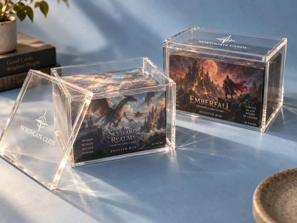 Booster box cases with a card shop logo printed on the acrylic lids, one lid set aside