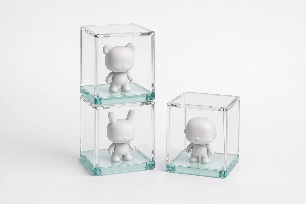 Stackable acrylic Funko Pop display cases in multiple sizes with magnetic lids