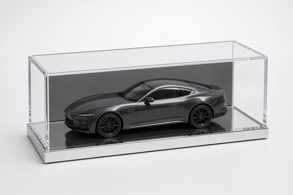 Acrylic model car display cases with mirror bases for die-cast vehicles