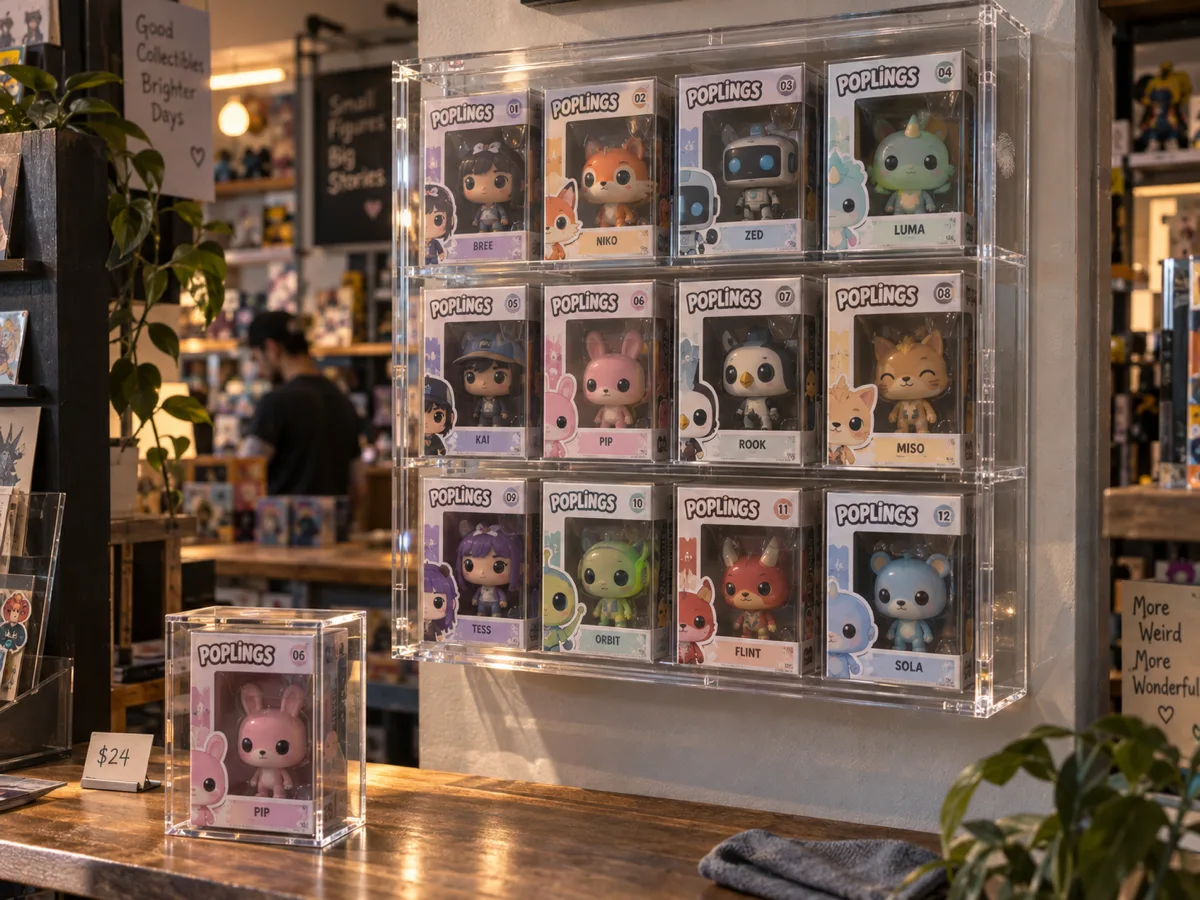 Clear acrylic wall case with twelve boxed vinyl figures in three rows and a single boxed figure protector on the counter